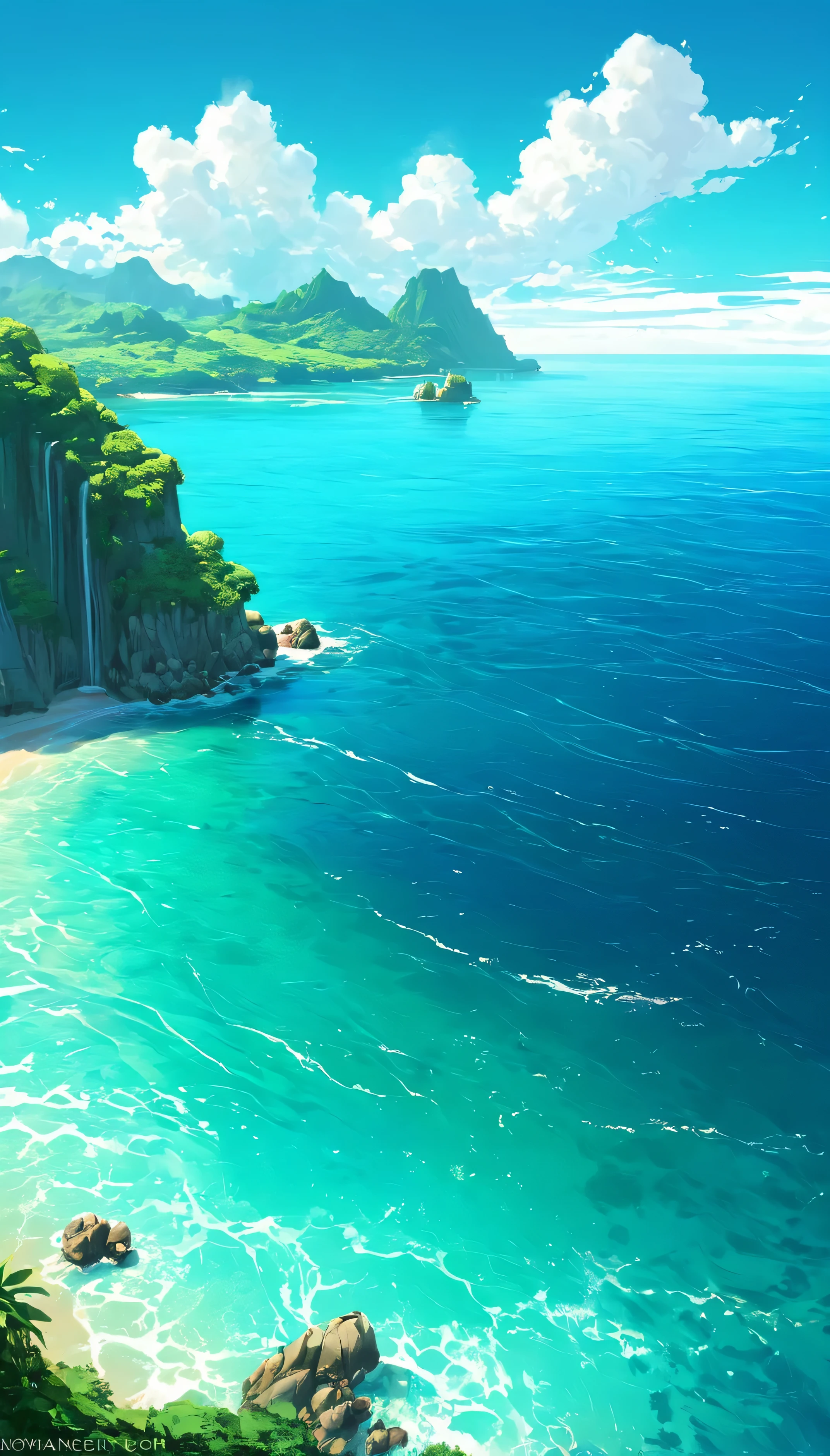 In the Ocean、Tropics、Ocean、Ocean Shore、cliff、Bungalow、Resort、turquoise blue、Emerald green、sunshine、water surface、rock、cloud、blue sky、buzzer、Paradise、beautiful、vivid、nature、trip、vacations、beautiful Anime Scenery, Landscape painting, Beautiful digital painting, andreas rocha, Beautiful artwork illustration, Awesome Wallpapers, Raymond Han, tall beautiful painting, Studio Greebly New Ocean Makoto, beautiful wallpaper, Anime Scenery