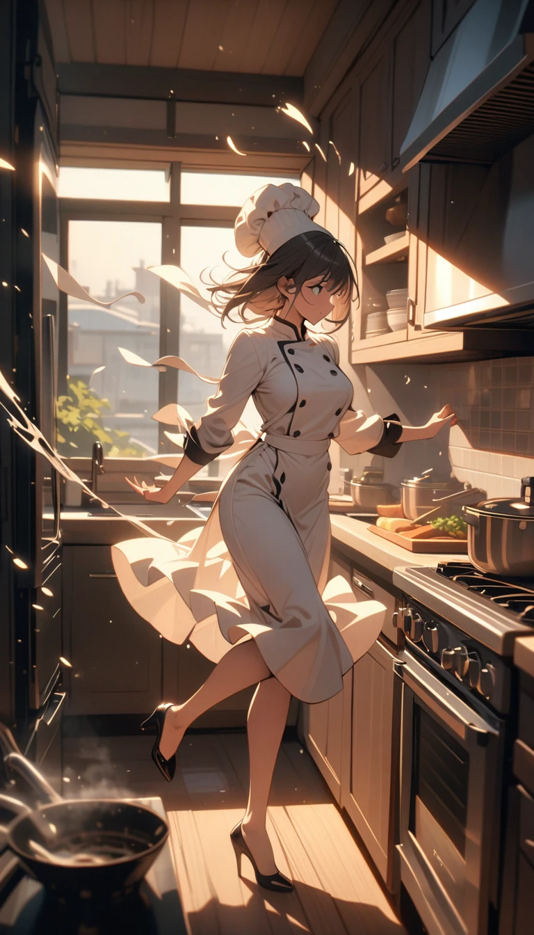 ((best quality)) , ((masterpiece)) , (detailed),1 female,((breeze)), flying splashes, flying petals, wind,kitchen,Female chef,High heel,((whole body))