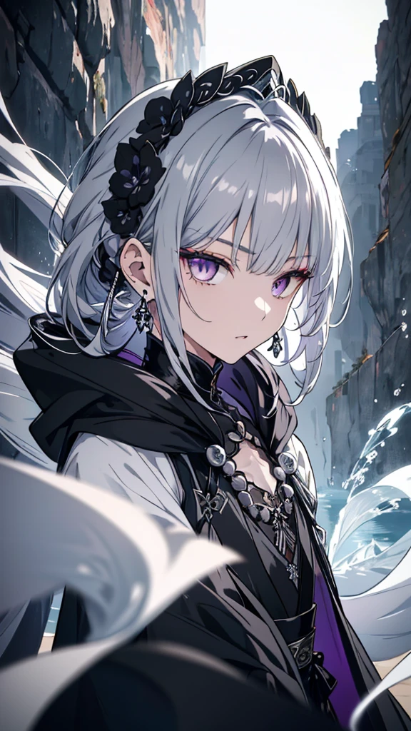 8k,High resolution RAW color art,Anime Art, (((Very detailed and cool))), Detailed skin, Blur、texture,(Exquisitely crafted, The finer details, Ultra-detailed art), (((One boy))), Depth of written boundary, Silky Touch, Hyper Detail, (((Cool face))), eye shadow、Silver Marble Skin, Beautifully detailed purple eyes, Beautiful lip detail, Very delicate face, Delicate depiction of hair and eyes, Detailed Fashion, Silver earrings,Silver Bracelet、Full body depiction, Black high neck、black waist cloak、 A little bit of grey hair、Semi-long hair、(((Hair)))、water surface、silk clotheatte、Soft clothes、cool