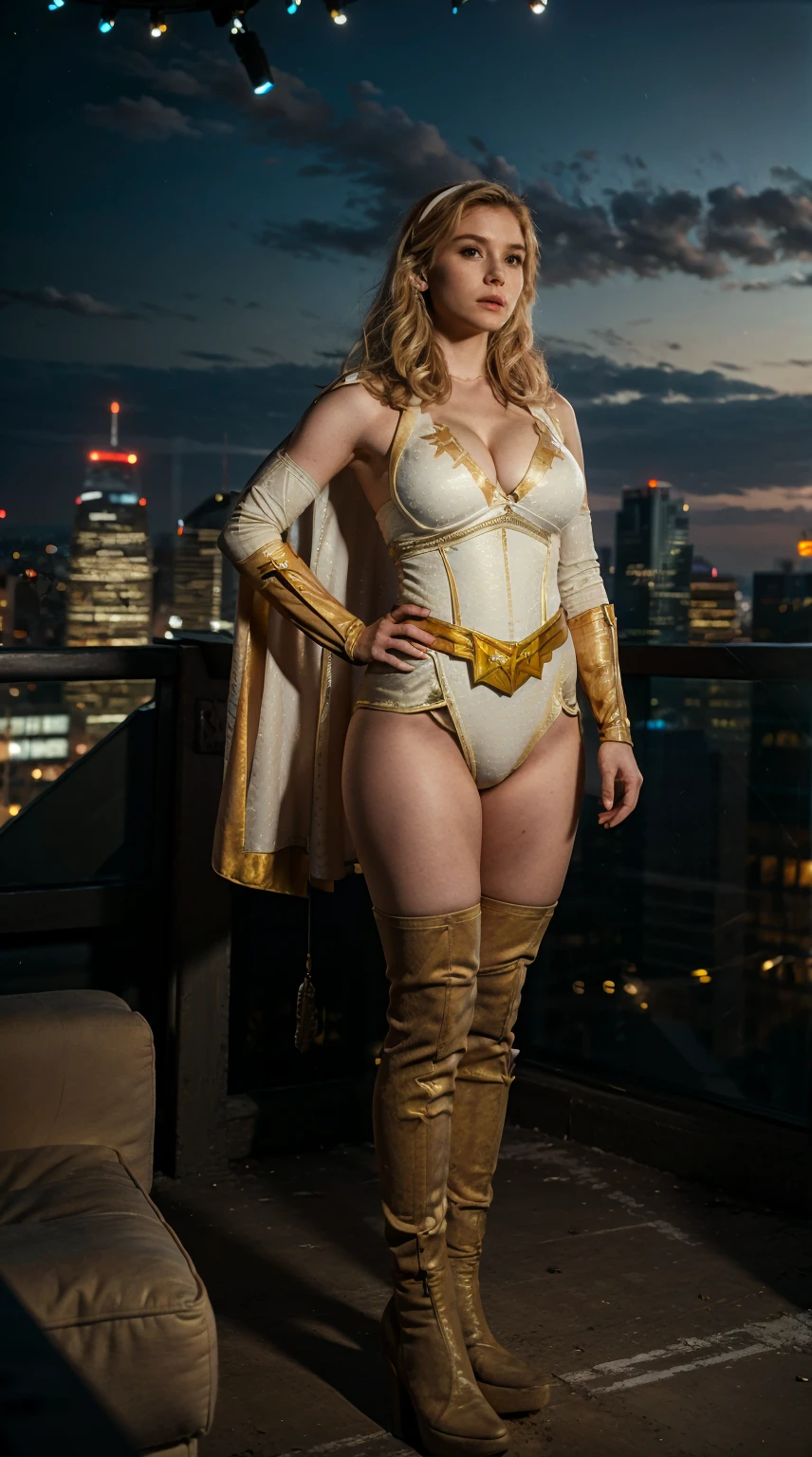 (masterpiece), (solo character),(photorealistic1.4), (epiCRealLife), (flashphoto), (best quality), (superhero moves), (large breasts), (cleavage), (starlight), (Erin Moriarty), (starlight outfit), (city rooftop), (at night), (standing poses)