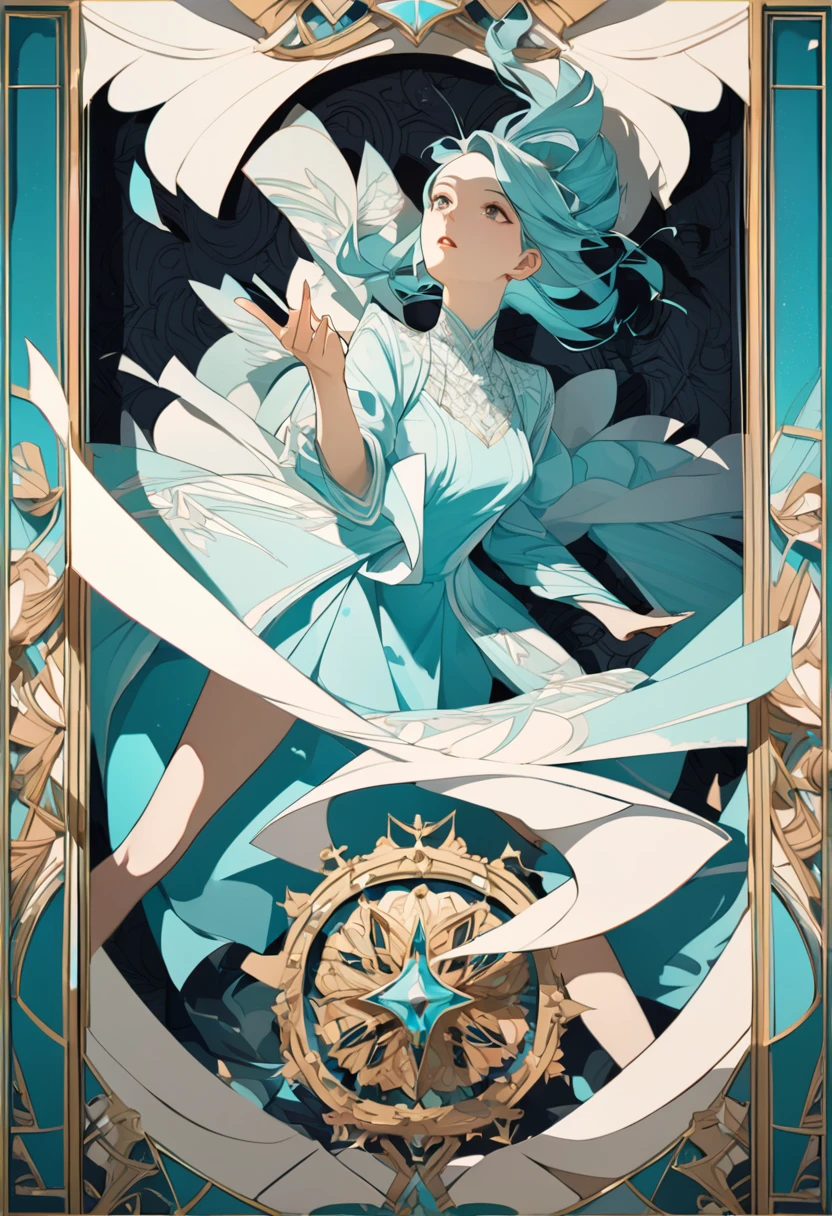 all Tiffany Blue, beautiful woman and kaleidoscope, tarot card frame design, 2.5D, delicate and dynamic, fusion of paper cutting and shadow puppetry, shading, gradation, artwork