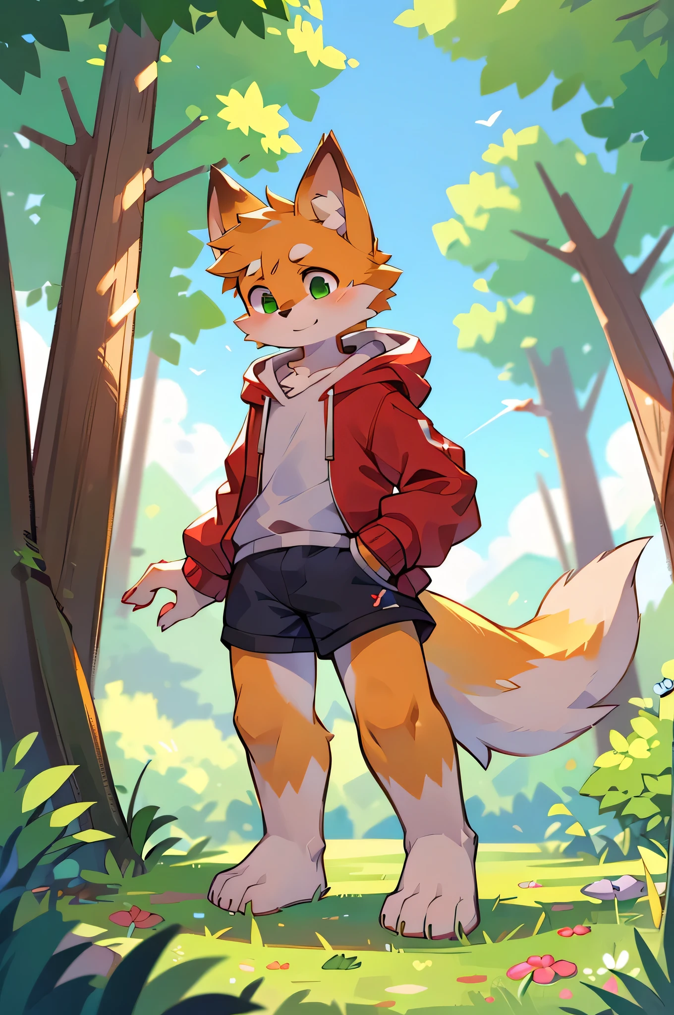 Furry,Fox,boy,8k resolution,最High resolution, High resolution,Wearing a hoodie,Green Eyes,summer,Stand on your feet,Two legs,Five fingers on a hand,Five toes,tall,:tall stature,fit,medium,Standard