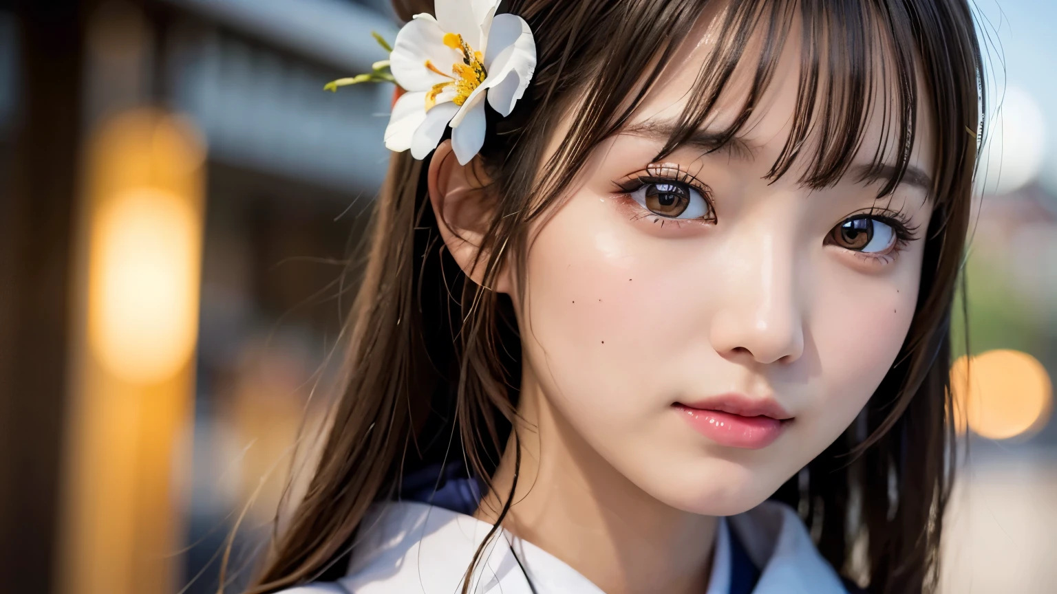 Town girl in kimono, upper body, masterpiece, highest quality, 8K, high resolution, ultra-detailed, highest masterpiece, highest quality, ultra-detailed, ultra-detailed, 4K, 8K, ((clearly drawn face)), (beautiful detailed eyes, ultra-detailed skin))