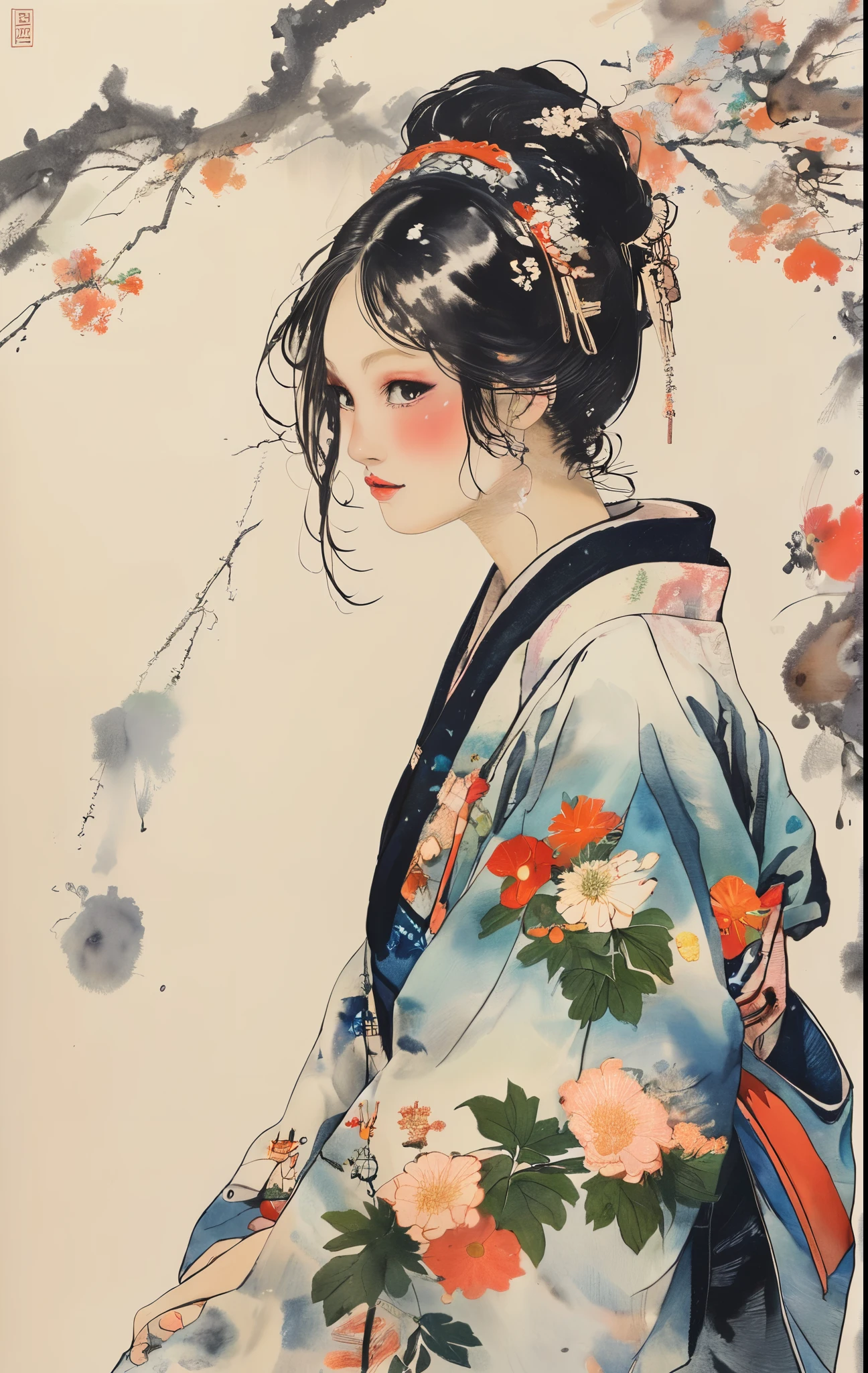 A woman in a kimono、Simple Background、Sympathy(Watercolor)(Blurred outline)(Vibrant colors)(Very delicate lines)(masterpiece)(A fantastic atmosphere)(Very high quality)(Three-dimensional painting)The Style of Kawanabe Kyosai