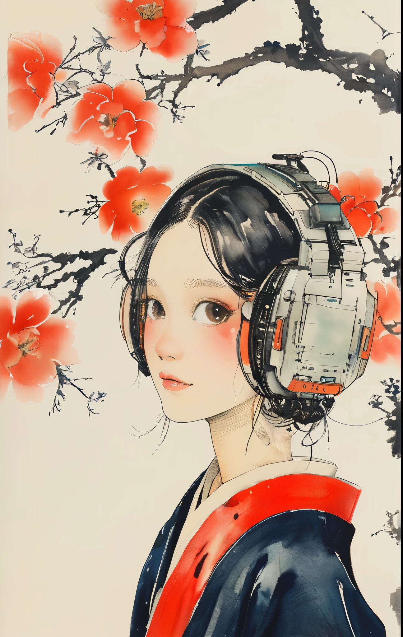 A woman in a kimono、Simple Background、Listen to music、Headphones(Watercolor)(Blurred outline)(Vibrant colors)(Very delicate lines)(masterpiece)(A fantastic atmosphere)(Very high quality)(Three-dimensional painting)The Style of Kawanabe Kyosai
