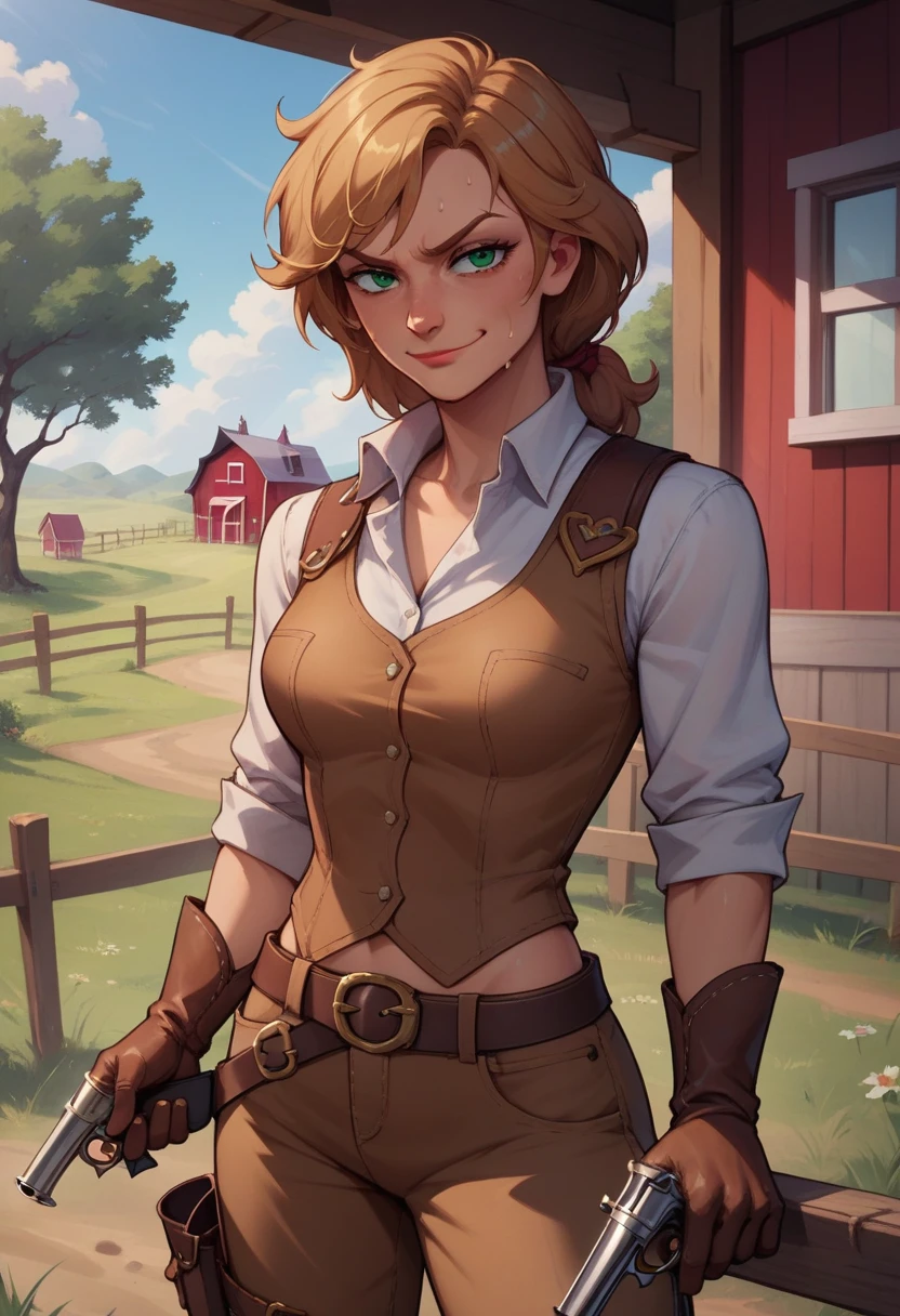 score_9, score_8_up, score_7_up, score_6_up, BREAK Sadie Adler, wearing cowboy outfit, brown leather gloves, medium breasts, evil smirk,holding revolver, sweating,on a farm, looking at viewer
