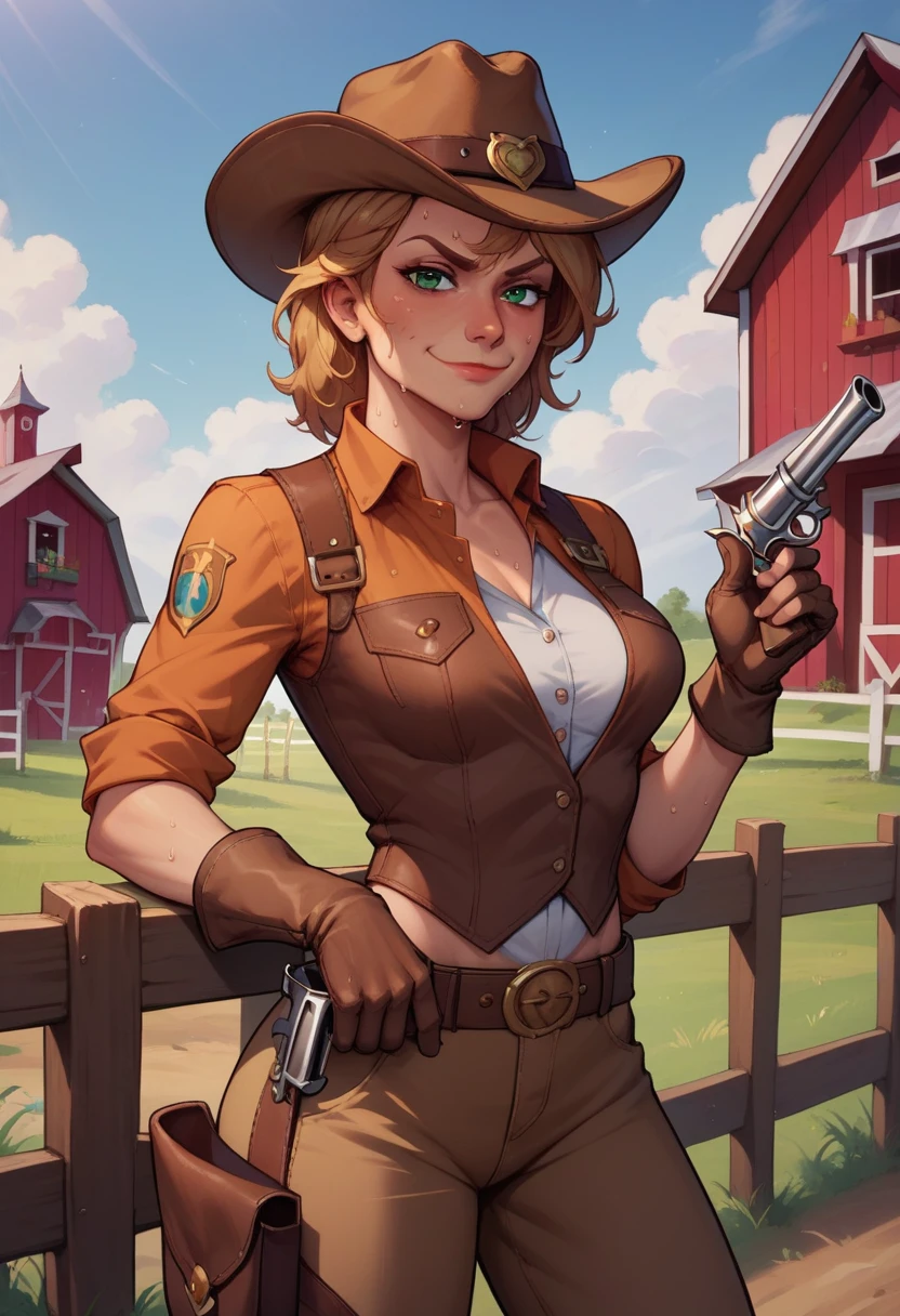 score_9, score_8_up, score_7_up, score_6_up, BREAK Sadie Adler, wearing cowboy outfit, brown leather gloves, medium breasts, evil smirk,holding revolver, sweating,on a farm, looking at viewer