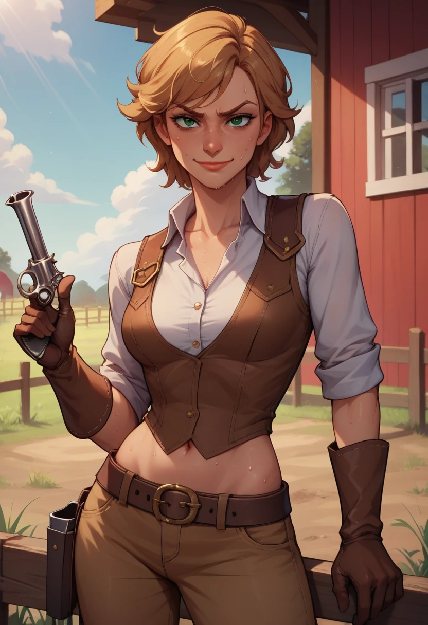 score_9, score_8_up, score_7_up, score_6_up, BREAK Sadie Adler, wearing cowboy outfit, brown leather gloves, medium breasts, evil smirk,holding revolver, sweating,on a farm, looking at viewer