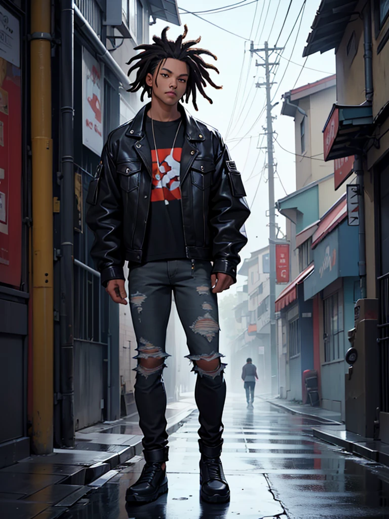 ((Best quality)), ((masterpiece)), top quality), standing alone, light skin, Asian-American, black dreads, short hair, wearing a black jean jacket, ripped jeans, female