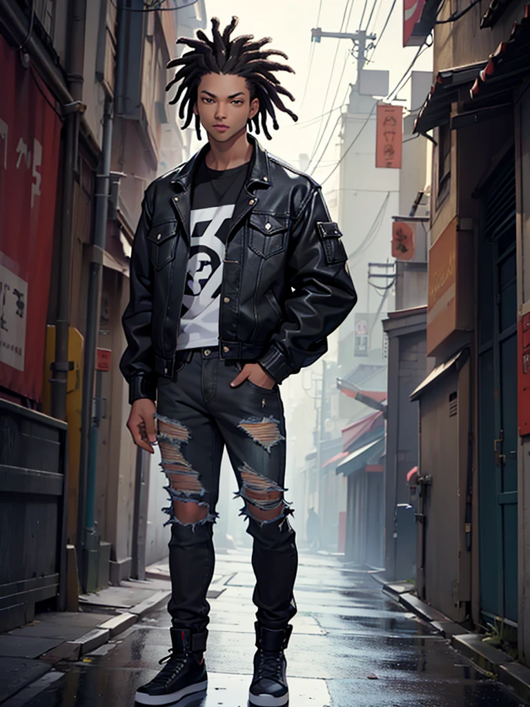((Best quality)), ((masterpiece)), top quality), standing alone, light skin, Asian-American, black dreads, short hair, wearing a black jean jacket, ripped jeans, female