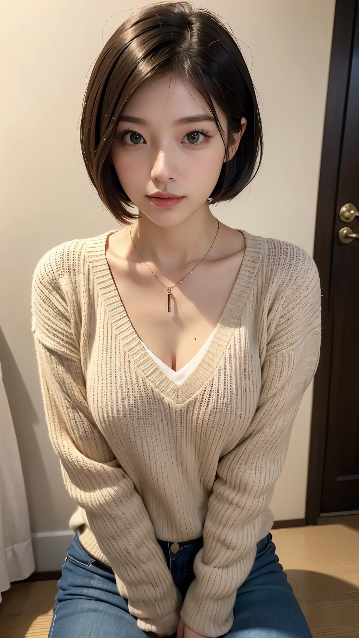 ((maSutepiece,top-quality)), (photographrealiStic:1.4),((maSutepiece,8k))、white wall、(white room)、((full body photo))、Shot in natural light、Highly detailed face and Skin texture、highly detailed lipS、correct State of the human body、Super high reSolution、(Photoreal:1.4)、top quality, 1 beautiful woman, 28 yearS old, S, 100mm lenS、Light yellow Knit、(Dark brown medium Shorthair)、JapaneSe woman、(dark brown hair)、VerSatile poSeS、looking at the camera、Natural color lip、Winter clotheS、 necklace、indoor