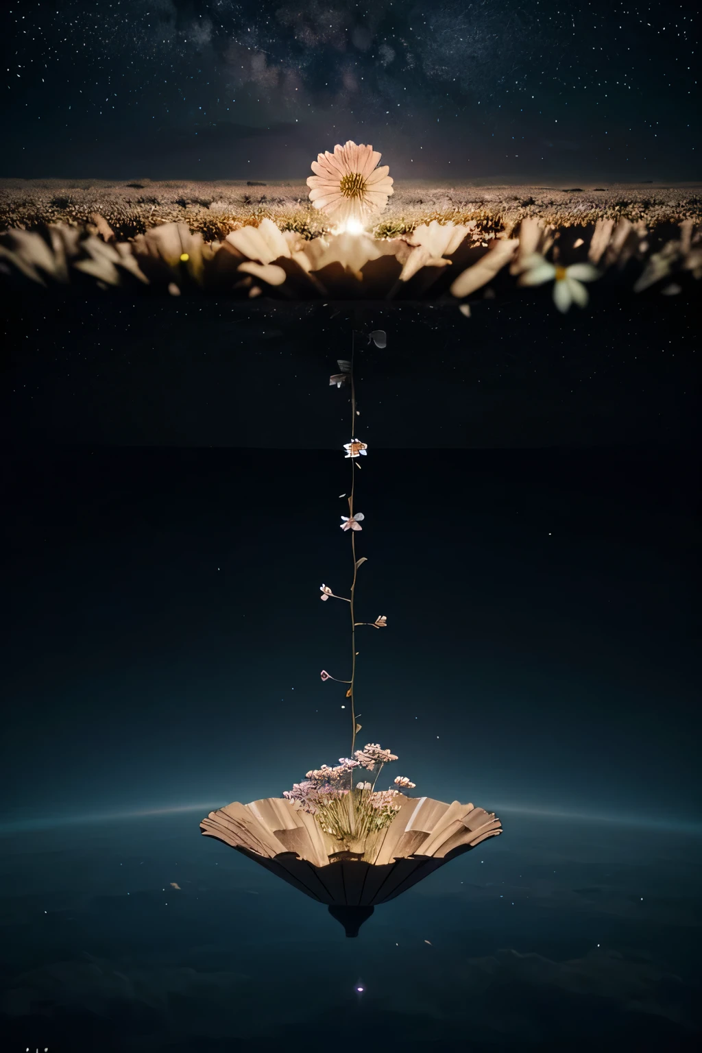 The flowers are like elements, floating in infinite space.
