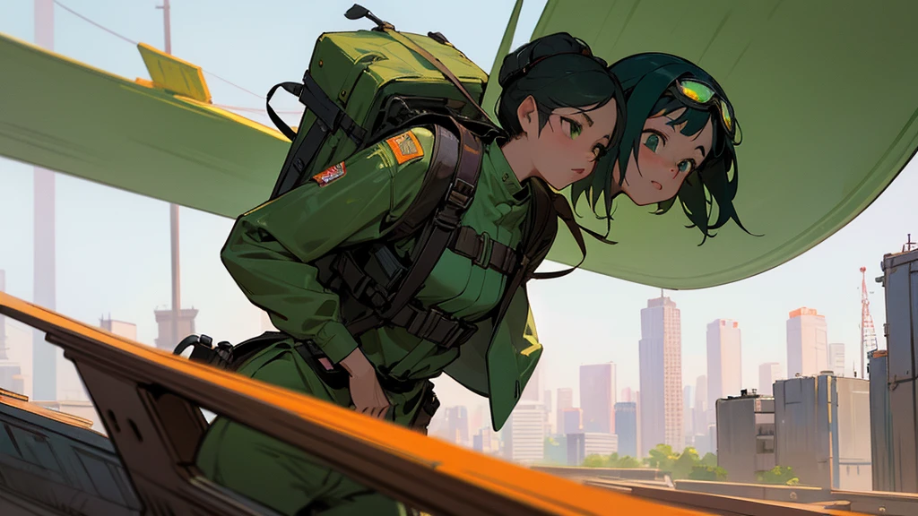 Tokyo, abandoned and green in the year 2200. A finely drawn background. A beautiful 30-year-old woman wearing goggles and carrying a backpack.