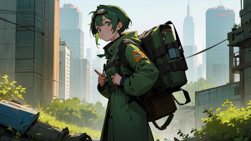 Tokyo, abandoned and green in the year 2200. A finely drawn background. A beautiful 30-year-old woman wearing goggles and carrying a backpack.
