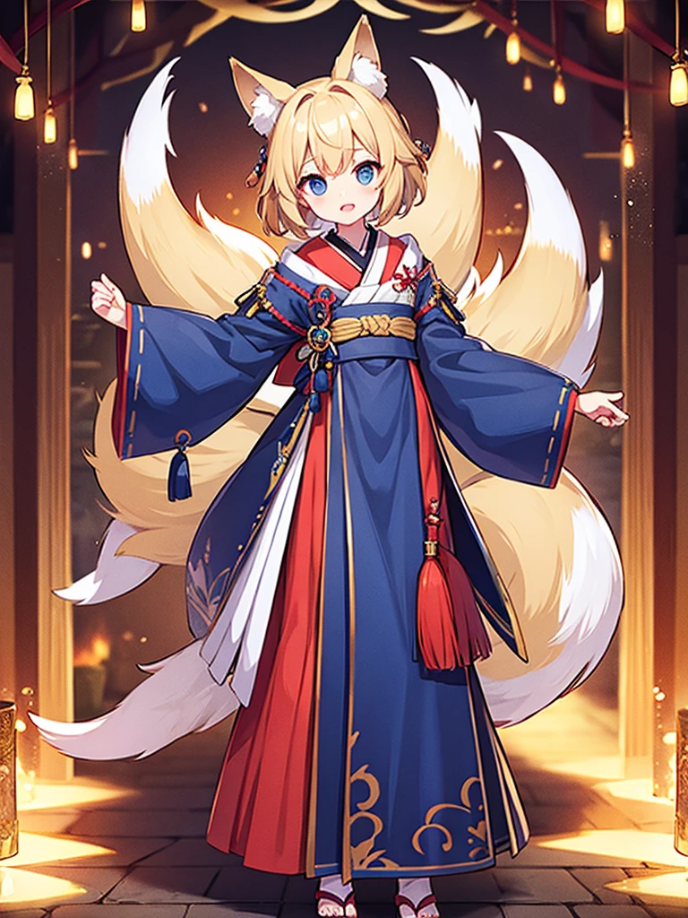 Full-body portrait、Are standing、、Short Hair、Blonde、Onmyoji costume、Fox Ears、Fox's Tail