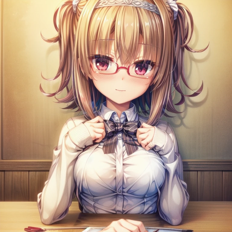 (Tabletop:1.0), (highest quality:1.4), (High resolution:1.2), From the side,Sharp contours, boyish, highest quality, masterpiece,Glasses,Voice of the Heart,20-year-old woman,yandere,Big Breasts,Chest to chest,Upper Body,Ecstasy,blush,Squint your eyes,Tuck up your clothes,lure