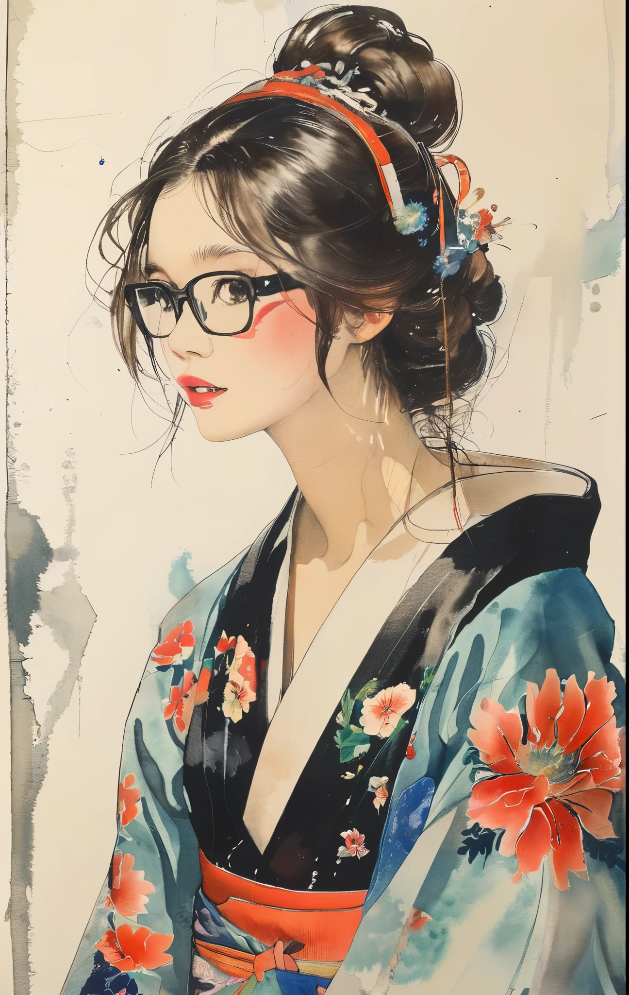 A woman in a kimono、Simple back、Black glasses(Watercolor)(Blurred outline)(Vibrant colors)(Very delicate lines)(masterpiece)(A fantastic atmosphere)(Very high quality)(Three-dimensional painting)The Style of Kawanabe Kyosai