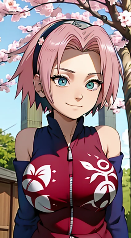 masterpiece， The best quality at the best.， 1 girl， Sakura Haruno， big breasts，Off the shoulder clothing，（neckline)，（Closeup of upper body)，Sexy servant，Is shy，smile，with pink hair， long white hair， （Green eyeballs:1.4)， forehead protection， The cherry trees，Flying cherry blossoms，Red clothes，half zipper. big tits, bare and muscular abdomen. open neckline, skin down tits.