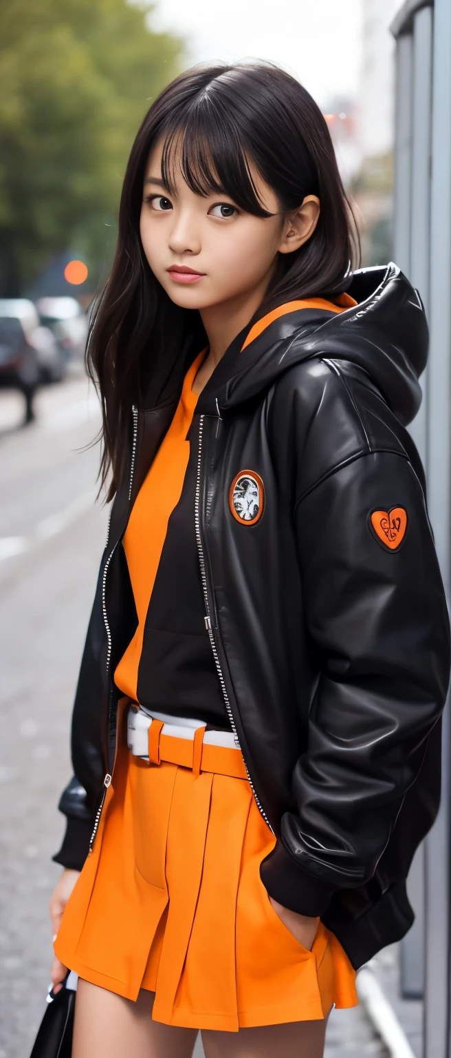 Cute Teen Idol Girl、whole body、Good style、、、、、、、、、、Sun-tanned thick legs、Fluorescent orange and black punk uniform（Hooded jacket、Belt of Fire）、Cool girl face、
