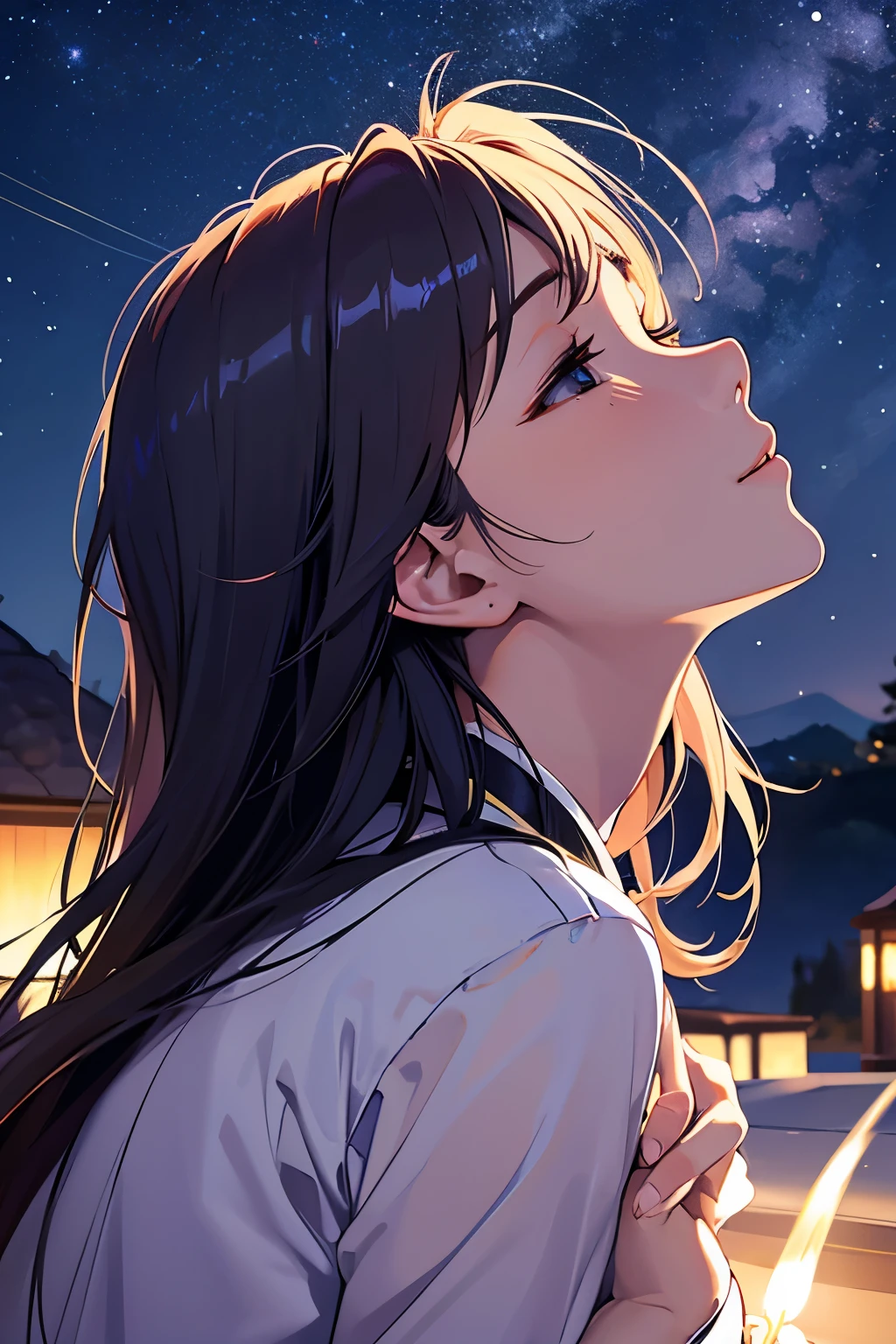 Woman looking up at the stars。Twilight。Make a wish come true。Light surrounds