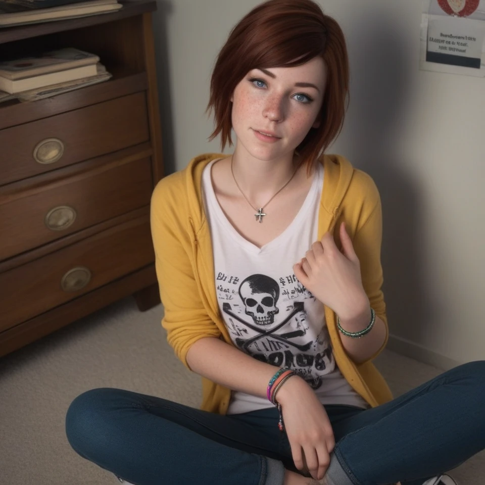 Maxine couldfield  is the quintessential hipster, preferring an understated style that consists of simple T-shirts bearing logos , a grey zip up hoodie and black converse shoes with a skull and crossbones with sunglasses designed on it, and yellow writing that says âLife is Strangeâ. She is always been wearing her school shoulder bag that she carries through out the game. She has auburn brown hair, blue eyes, and freckles. She appears to wear eye shadow and eyeliner, although this is also quite understated. She has no tattoos or piercings that we know of. She wears a set of three colored bangles on her right wrist that appear to be silicone wristbands.
realistic photo, masterpiece, highest quality,  chromatic light,dynamic image,
(from above:0.8), looking at viewer, (looking up:0.7),full body, (cute freckles:1.4), (max couldfield in Life is Strange setting:1.4)  is a timid, young photographer girl , wearing a pink  see-through cardigan and t-shirt print,
butterflies surrounding her, flimsy, comfy, firm ,cute,
( in the evening in her bedroom:1.1)