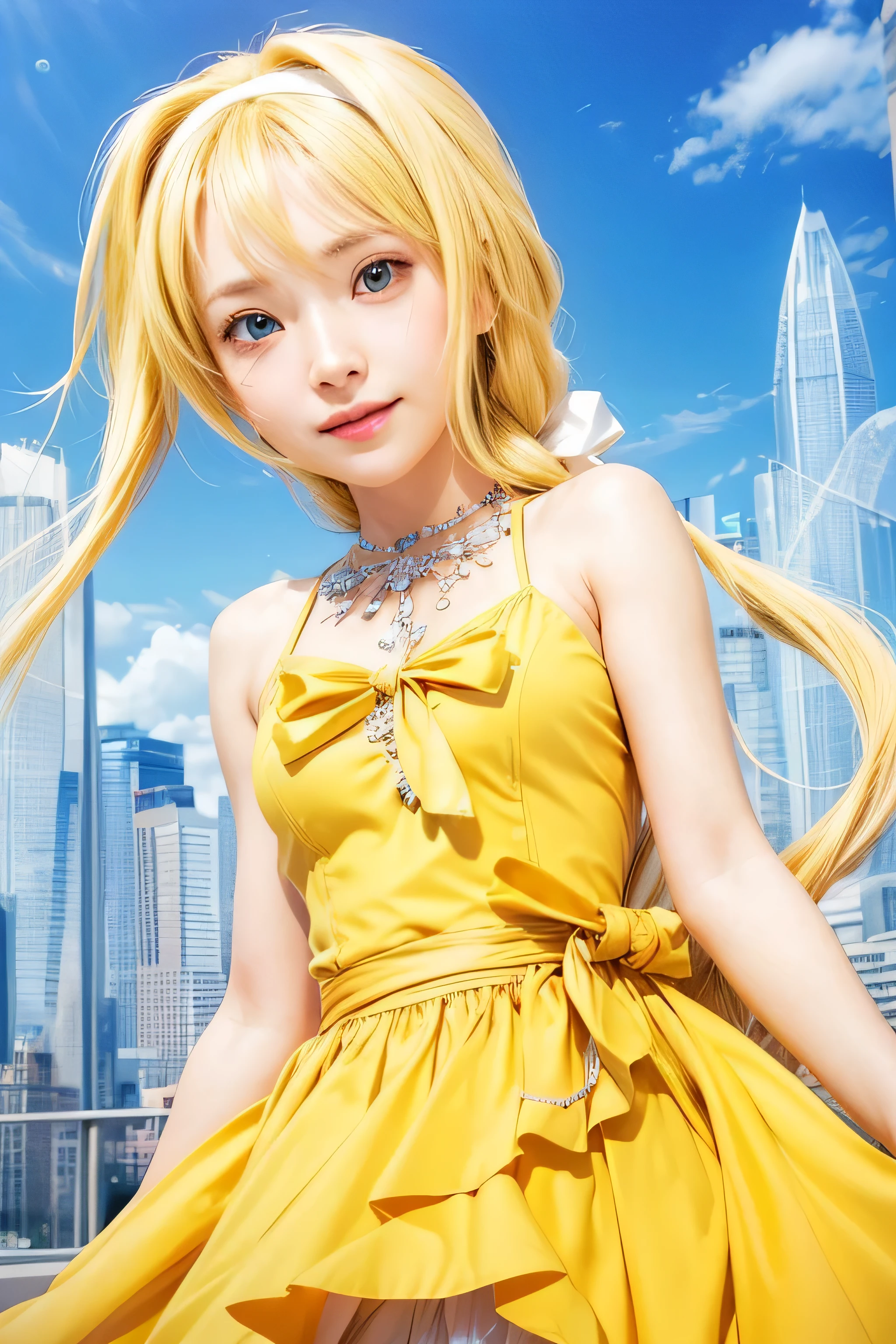 masterpiece, best quality, (realistic,photo-realistic:1.4), (RAW photo:1.2), extremely detailed CG unity 8k wallpaper, delicate and beautiful, amazing,finely detail, official art, absurdres, incredibly absurdres, huge filesize, ultra-detailed,extremely detailed eyes and face,light on face,yuuki asuna,(little smile),(blonde hair:1.4),(long hair:1.4),(wearing dress:1.5),nature background,(medium breast:1.3),white hairband