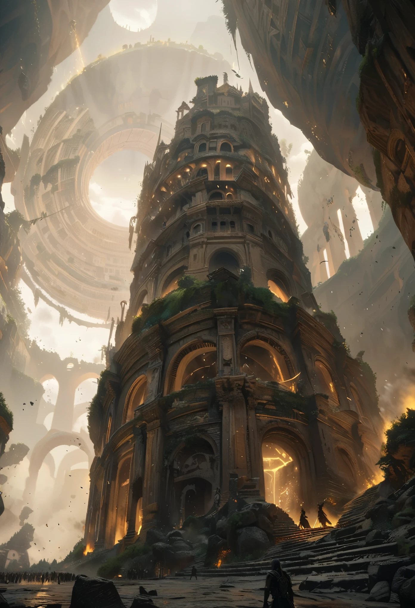 anime aestetics, anime landscape, landscape scenery, elden ring cinematic lighting, elden ring inspired, farum azula, floating colosseum, ancient structure, beautiful arcs, rome inspired, floating islands, rocks floating in the air, crambling city, gigantic structure, moment before a fight, grey and yellow colours, dust in the air, epic scene, atmospheric perspective, perspective, wide shot, from below, from outside, highres, 8k, best quality, super detail, award winning, masterpiece