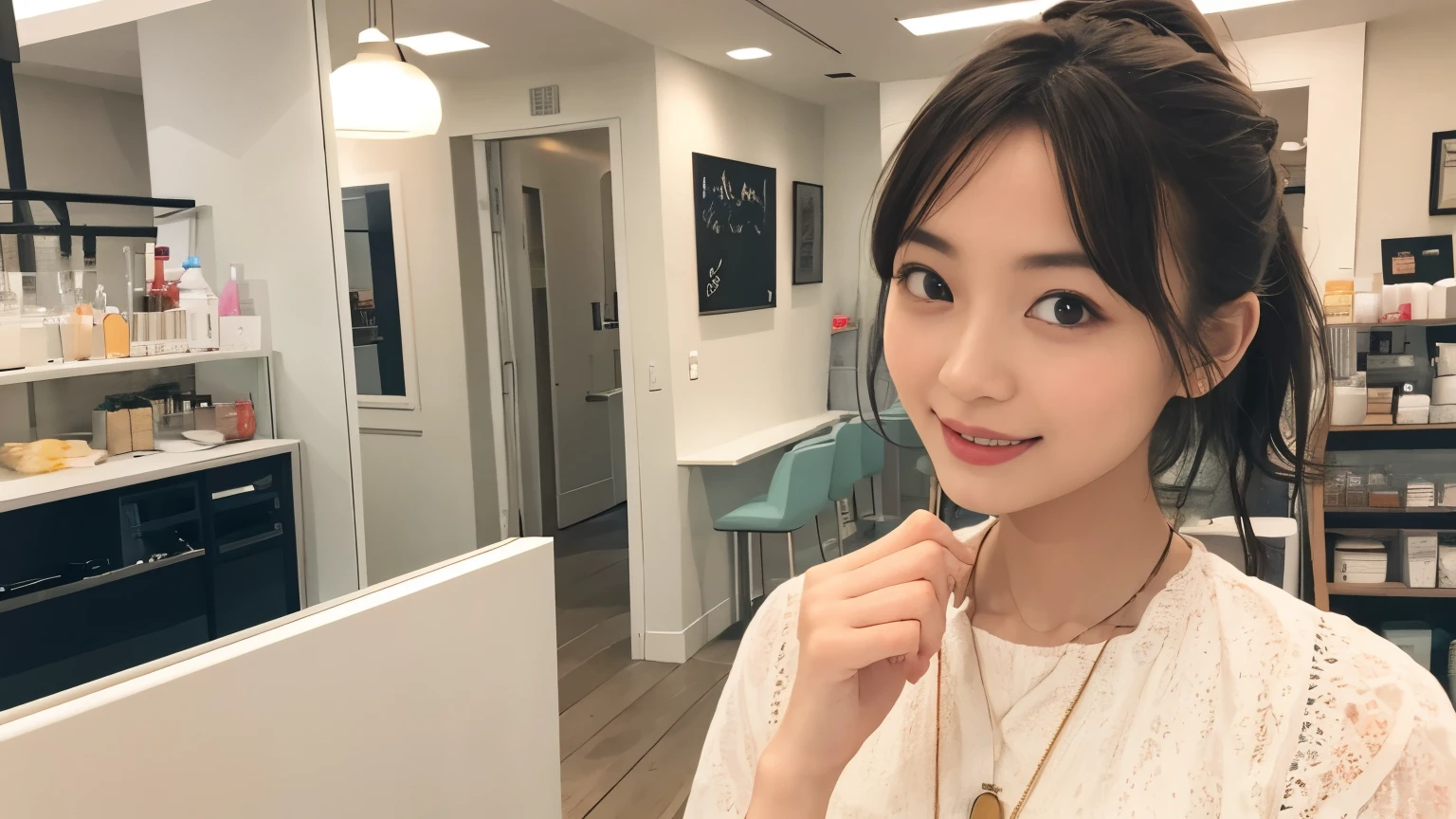 super high quality, smile, Slenderのネックレス, Slender, Gravure photoshoot, The staff is working at the counter in the back., (8k、RAW Photos、Highest quality、masterpiece:1.2), Japanese Idol, Stylish café, Fashion magazine photoshoot, (Realistic、Photorealistic:1.37), Mesh Hair, Urban Cafe, Golden Ratio, Raw photo, Cute face , Light Brown Hair, Small breasts, Bright cafe interior, Blurred Background, Beauty salon model, Summer clothes, Cafe Terrace, Open Cafe, Photographed inside the cafe, Hair blowing in the wind, Neat clothes, ponytail, boyish, Very Short Hair, 18-year-old, Stylish clothes, 
