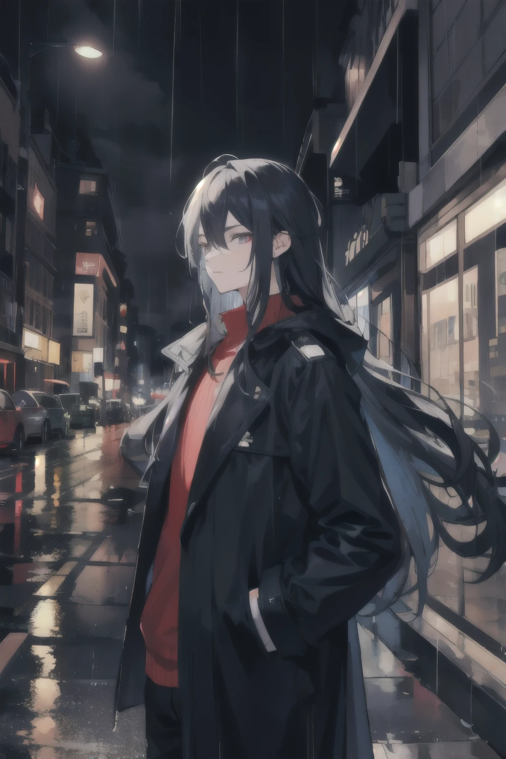 1 Boy,long hair,,of the night city,rain,coat,Hands in pockets