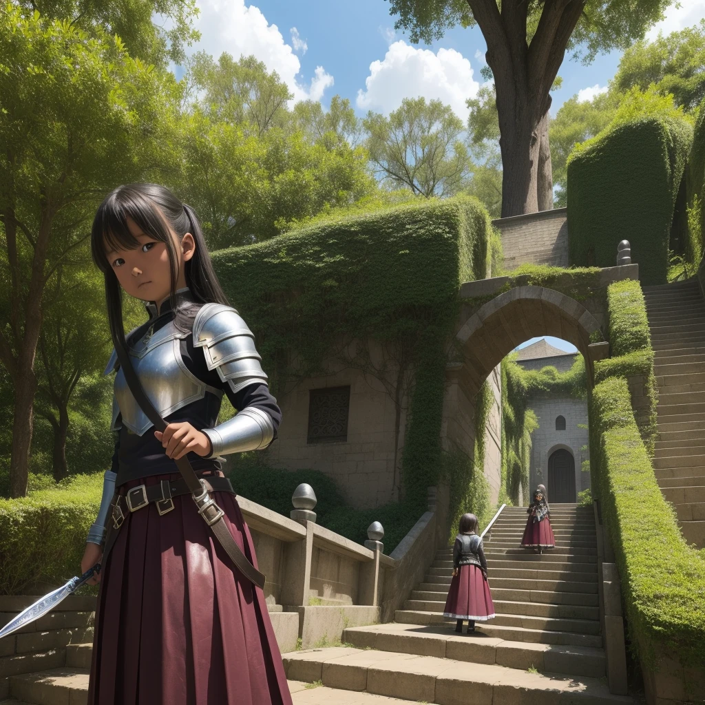 最high quality、high quality、、Girl Adventurer、Climb the maze stairs、Leather Armor、Long skirt、Equipped with a dagger and a shield、