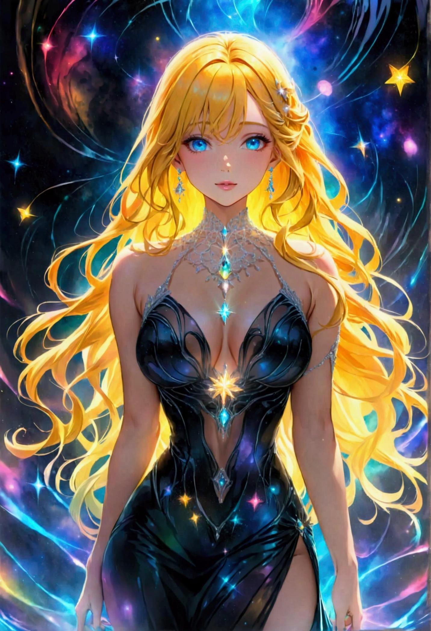 a glamour picture shot, of an elite model covered in stars, walking on a dark catwalk, an extraordinary glamourous elite female model, ((full body: 1.5)),  ((anatomically correct: 1.5), (ultra detailed face: 1.2), best detailed face, yrllow hair, long hair, lush hair, glam hair cut, blue eyes, delicate face, light make up, wearing intricate detailed dress, glamour dress, haute couture dress, elite fashion dress, black as night dress, decorated with bright stars, starlight,  small cleavage, wearing high heels, elegant high heels, she wears diamond necklace, she is glows in a soft starry light, she walks on asteroid catwalk, elite fashion show background, vibrant, Hyperrealism style, vibrant, Ultra-high resolution, High Contrast, (masterpiece:1.5), highest quality, Best aesthetics), best details, best quality, highres, ultra wide angle, 16k, [ultra detailed], masterpiece, best quality, (extremely detailed) RAW, chumbasket art style, photograph, photograph