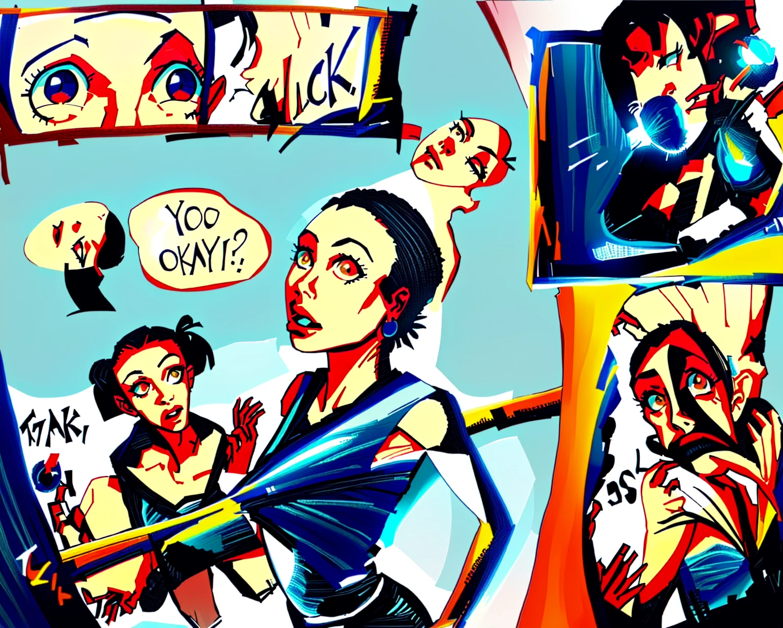 Master Piece, best quality, (extremely detailed CG unity 8k wallpaper), (best quality) 8k detail, 90s comic book style, a drawing of a comic strip of 4 panels, panel 1 is a thin rectangular panel on top left, panel 2 is a square on the top right, panel 3 is a large full page panel that the other 3 panels are inside, panel 4 is on the lower right. panel 1 is a close up of a black woman's eyes, a long stick can be seen in her brown eyes. panel two is of a small daughter reaching for the woman who is looking up. panel 3 is full page shot of the woman looking straight ahead and her daughter is reaching for the woman. panel 4 is a scene of a woman falling into a vortex with the profile of a small girl watching. color full comic illustration, comic art ”, comic drawing, comic page, comic artwork, stylized comic art, comic art, comic panel, inspired by 90's comic art, inspired by Paris Karounos