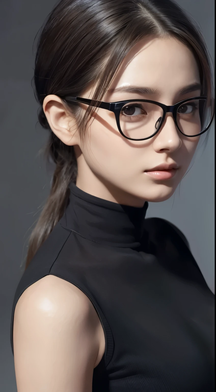 、(Photorealistic:1.4)、(hyper Realistic:1.4)、(Realistic:1.3)、(Smooth lighting:1.05)、(Cinema lightingImprovement of quality:0.9)、32K、One Girl、28-year-old woman、Realistic lighting、Backlight、Facial Light、Ray-tracing、(Bright light:1.2)、(Improvement of quality:1.4)、Finely grained、Detailed painted face、Quality Eyes、(tired, Sleepy and satisfied:0.0)、 Black Shirt、(Enhances skin texture:1.1)、Realistic skin texture,Straight Hair、ponytail、Glasses