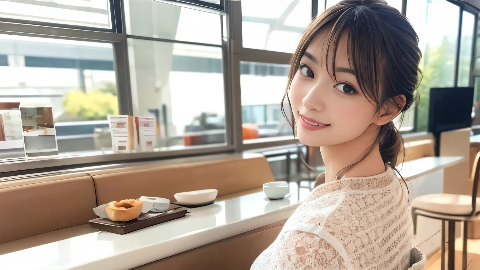 super high quality, smile, Slenderのネックレス, Slender, Gravure photoshoot, The staff is working at the counter in the back., (8k、RAW Photos、Highest quality、masterpiece:1.2), Japanese Idol, Stylish café, Fashion magazine photoshoot, (Realistic、Photorealistic:1.37), Mesh Hair, Urban Cafe, Golden Ratio, Raw photo, Cute face , Light Brown Hair, Small breasts, Bright cafe interior, Blurred Background, Beauty salon model, Summer clothes, Cafe Terrace, Open Cafe, Photographed inside the cafe, Hair blowing in the wind, Neat clothes, ponytail, boyish, Very Short Hair, 18-year-old, Stylish clothes, 
