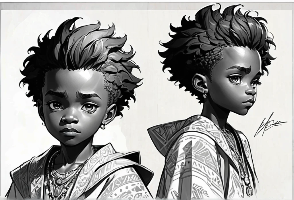 A ten years old boy (masterpiece, best quality) detailed, drawing reference, African, (character design sheet, same character, front, side, back)