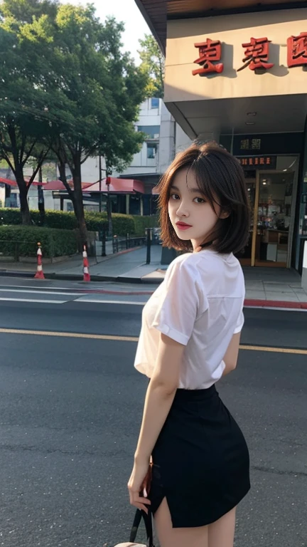 1 Girl,roadside,Soft Light,Chinese Beauty,Short sleeve,Short skirt,Dark-haired