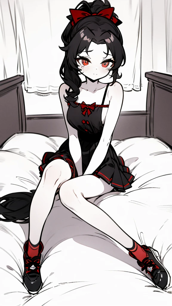 using pantimedies, wavy black hair, piercing look with deep red eyes, average stature, Silky hair with a ponytail hairstyle collected with a red bow with two white lines, with clothes, has a vagina, has breasts, cup of breasts, small breasts, slim, foreground, Session, sitting in her room, sitting on the floor of her room, wearing pantyhose, using pantimedies, Picardias, short skirt, shoes, blouse with straps 