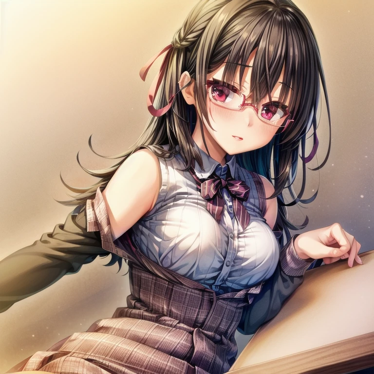 (Tabletop:1.0), (highest quality:1.4), (High resolution:1.2), From the side,Sharp contours, boyish, highest quality, masterpiece,Glasses,Voice of the Heart,20-year-old woman,yandere,Big Breasts,Chest to chest,Upper Body,Ecstasy,blush,Squint your eyes,Tuck up your clothes,lure