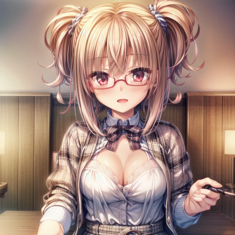 (Tabletop:1.0), (highest quality:1.4), (High resolution:1.2), From the side,Sharp contours,  boyish, highest quality, masterpiece,Glasses,Voice of the Heart,20-year-old woman,yandere,Big Breasts,Chest to chest,Upper Body,Ecstasy,blush,Squint your eyes,Tuck up your clothes,lure