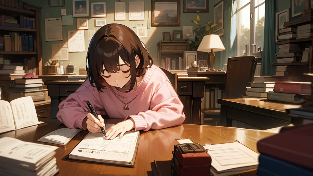 An animated scene of a young person studying diligently at a cluttered desk. The sleeping woman, with short brown hair and wearing a pink sweater, is writing in a notebook with intense focus, holding a pen in one hand and a piece of paper in their mouth. The desk is filled with books, papers, and a desk lamp, and a calendar is visible on the wall behind. Shelves filled with more books and various items can be seen in the background, creating a studious and hardworking atmosphere.