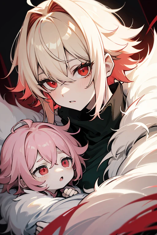 4bpys, black hair, red eyes, pale, tall, short hair, pink hair, red eyes, messy hair, pale, blonde hair, spiky hair, red eyes, pale, green hair, fluffy messy hair, green eyes