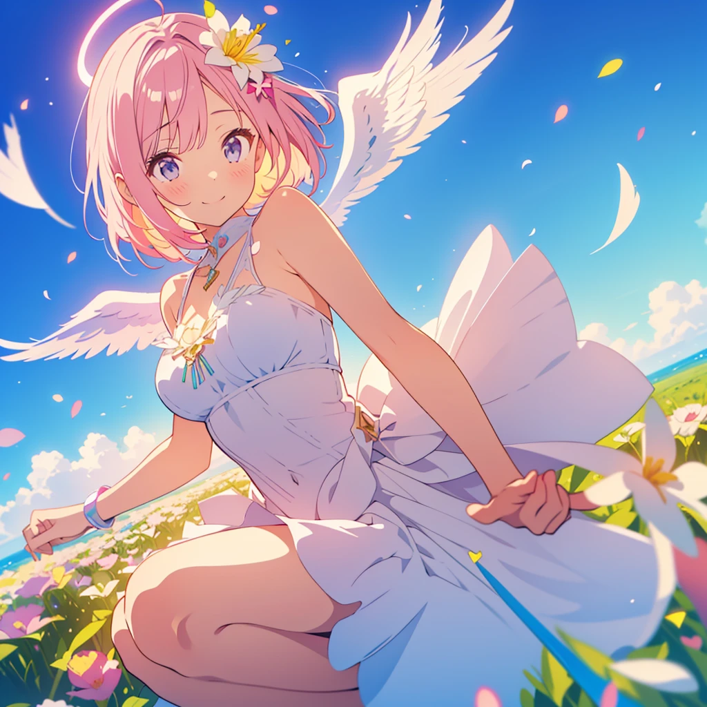 kawaii, anime, Cute, hyper quality, highly detailed, 8k, Clarity, Girl with bright pink smooth short hair, Hold cupid's bow, Detailed facial expressions, lily flower field, Close your eyes and smile, pure, kindness, trust, heart effect, angel wings on the back, heaven, draw a bow, happiness, feeling of happiness, magic effect, angel wings dance, rainbow color effect, iris effect, light atmosphere, sky temple, take off and float in the air, Halo, iris arc, Expanding perspective, Hold a heart-shaped pink bow and a magic arrow, A pose where you close your legs and jump to shoot an arrow., white lily garden, lily petals dance, heart bow and magic arrow, celestial maiden costume, 	