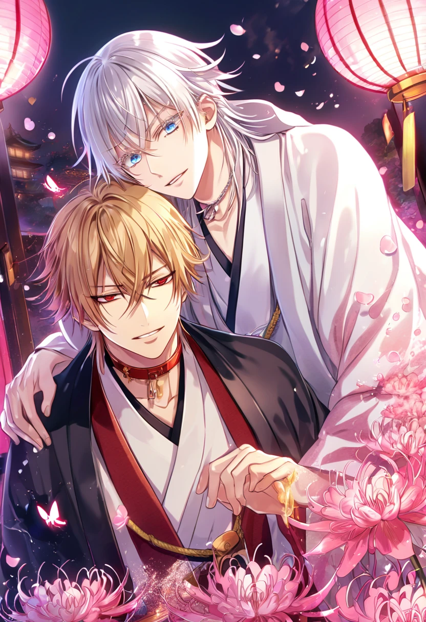 absurd resolution, high resolution, ultra detailed, detailed eyes, extremely detailed, HDR, 8K, Kazama Chikage, honey blonde hair, expressive red eyes, Hakuouki, Tsurumaru Tenka, white hair, expressive blue eyes, white eyelashes, two sexy men together, yaoi, gay couple, handsome, black haori, white kimono, red collar, fantasy, cool, magical, pink glittering butterflies, pink dust flying around, pink spider lilies, pink petals, pink lanterns, Japanese ambiance, indoors