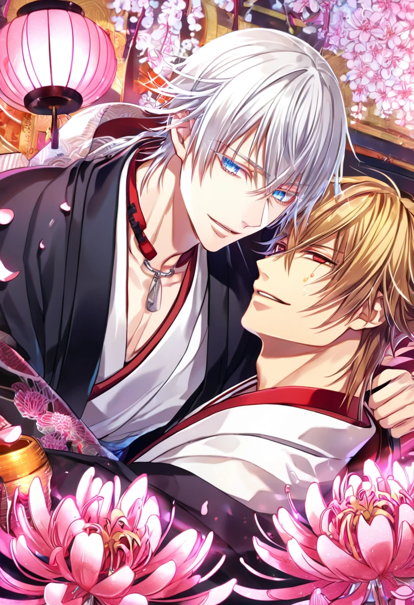absurd resolution, high resolution, ultra detailed, detailed eyes, extremely detailed, HDR, 8K, Kazama Chikage, honey blonde hair, expressive red eyes, Hakuouki, Tsurumaru Tenka, white hair, expressive blue eyes, white eyelashes, two sexy men together, yaoi, gay couple, handsome, black haori, white kimono, red collar, fantasy, cool, magical, pink glittering butterflies, pink dust flying around, pink spider lilies, pink petals, pink lanterns, Japanese ambiance, indoors
