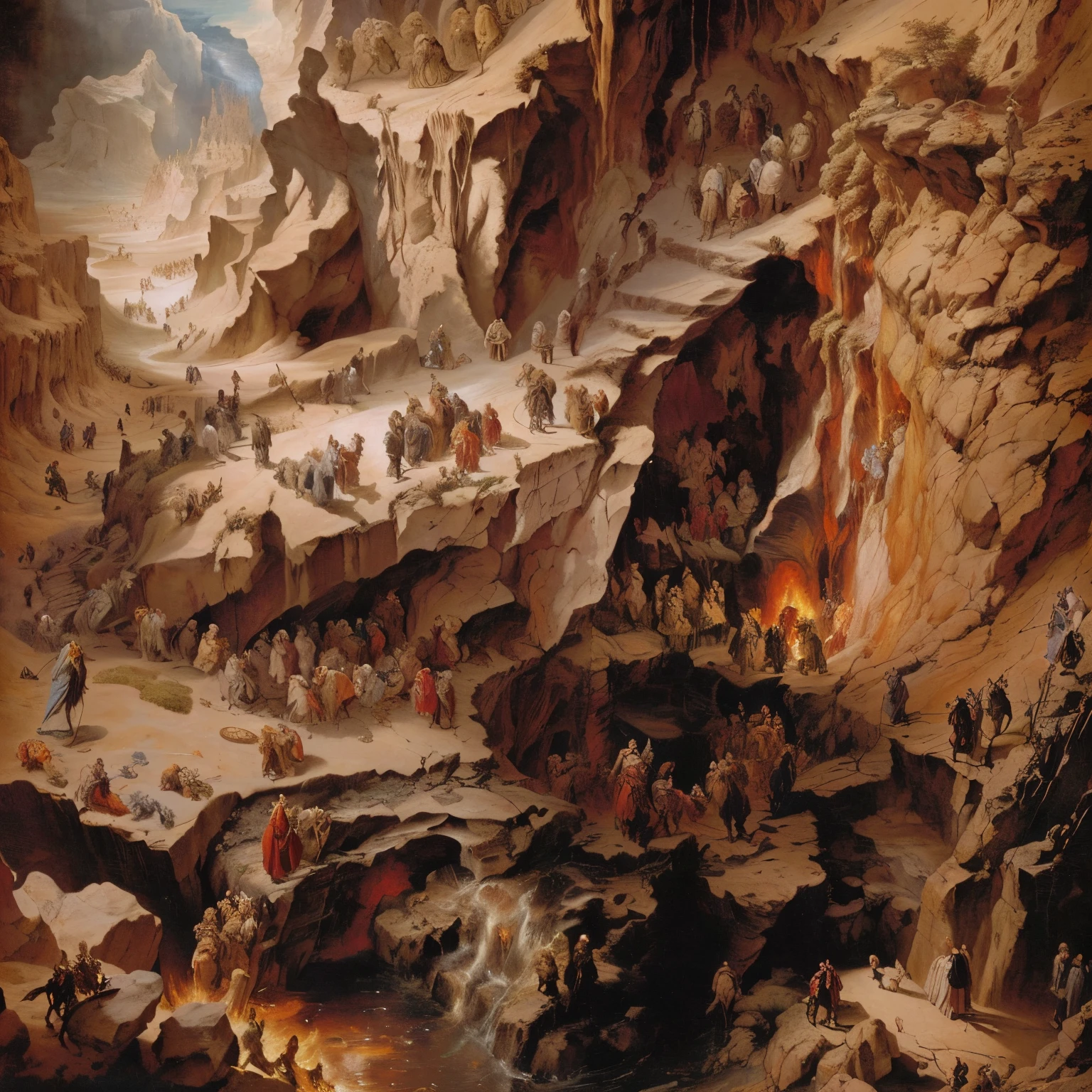 arafed painting of a painting of a group of people in a cave, the final battle in hell, the great door of hell, angel in hell, bloody river in hell, by Peter Paul Rubens, satan in hell, battle between angels and demons, mouth of hell, dante's inferno painting, hell background, hell scape, in hell