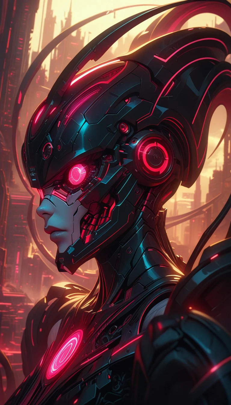 "Artistic Image Types: {In the heart of a digital district, a woman stands tall. Her oni mask, embedded with neon glyphs, contrasts with her silver cybernetic limbs. With a pose reminiscent of ancient warriors, yet with a futuristic twist, she channels both the power of her ancestors and the potential of the future}, Cyber-Oni Sentinel, High-Tech District, (Neon red and silver lighting:1.3), (Digital painting:1.2), (4K:1.3). Environment: A plaza surrounded by holographic screens and advanced cyber structures."