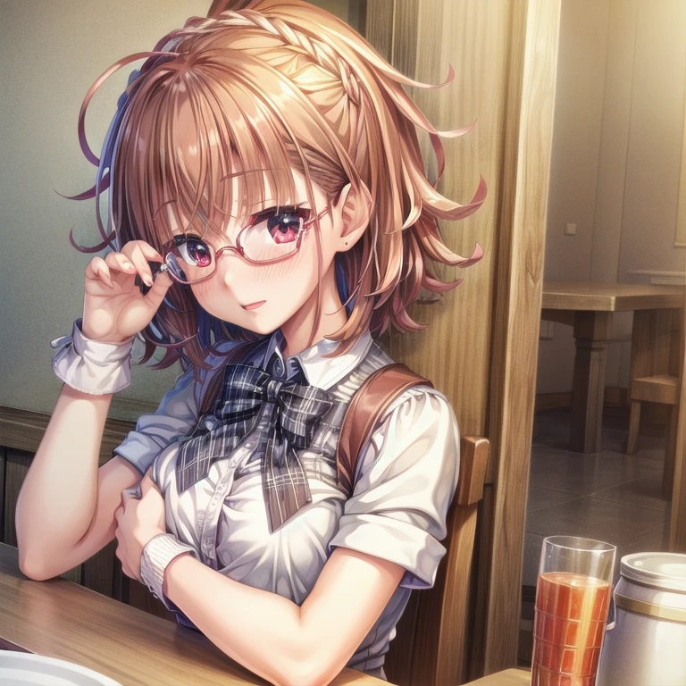 (Tabletop:1.0), (highest quality:1.4), (High resolution:1.2), From the side,Sharp contours,  boyish, highest quality, masterpiece,Glasses,Voice of the Heart,20-year-old woman,yandere,Big Breasts,Chest to chest,Upper Body,Ecstasy,blush,Squint your eyes,Tuck up your clothes,lure