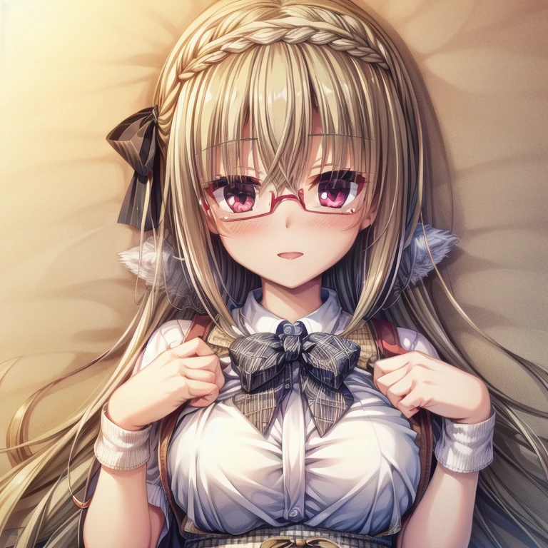 (Tabletop:1.0), (highest quality:1.4), (High resolution:1.2), From the side,Sharp contours, boyish, highest quality, masterpiece,Glasses,Voice of the Heart,20-year-old woman,yandere,Big Breasts,Chest to chest,Upper Body,Ecstasy,blush,Squint your eyes,Tuck up your clothes,lure