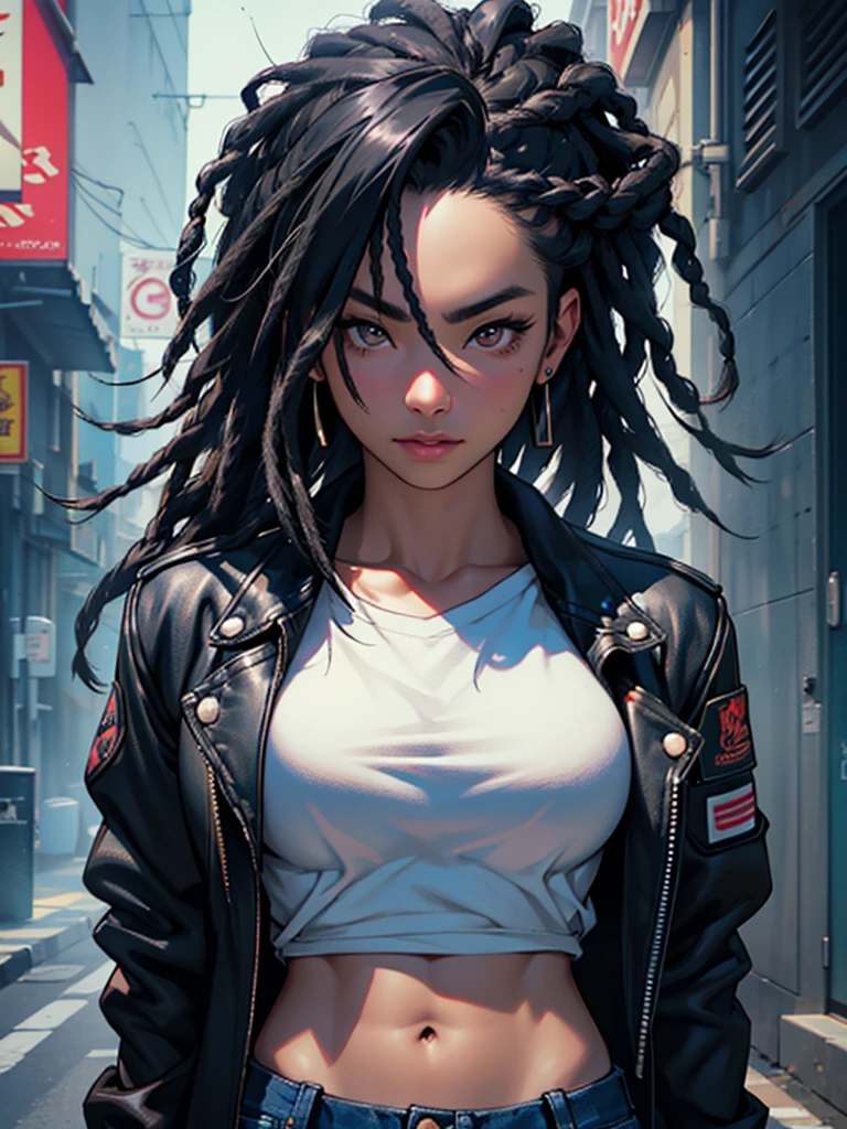 a beautiful asian-american woman with short black dreads,wearing black jean jacket and ripped jeans,detailed portrait,detailed skin,DD breasts,photorealistic,hyper detailed,masterpiece,award winning,cinematic lighting,dramatic shadows,vibrant colors,8k, ultra-detailed