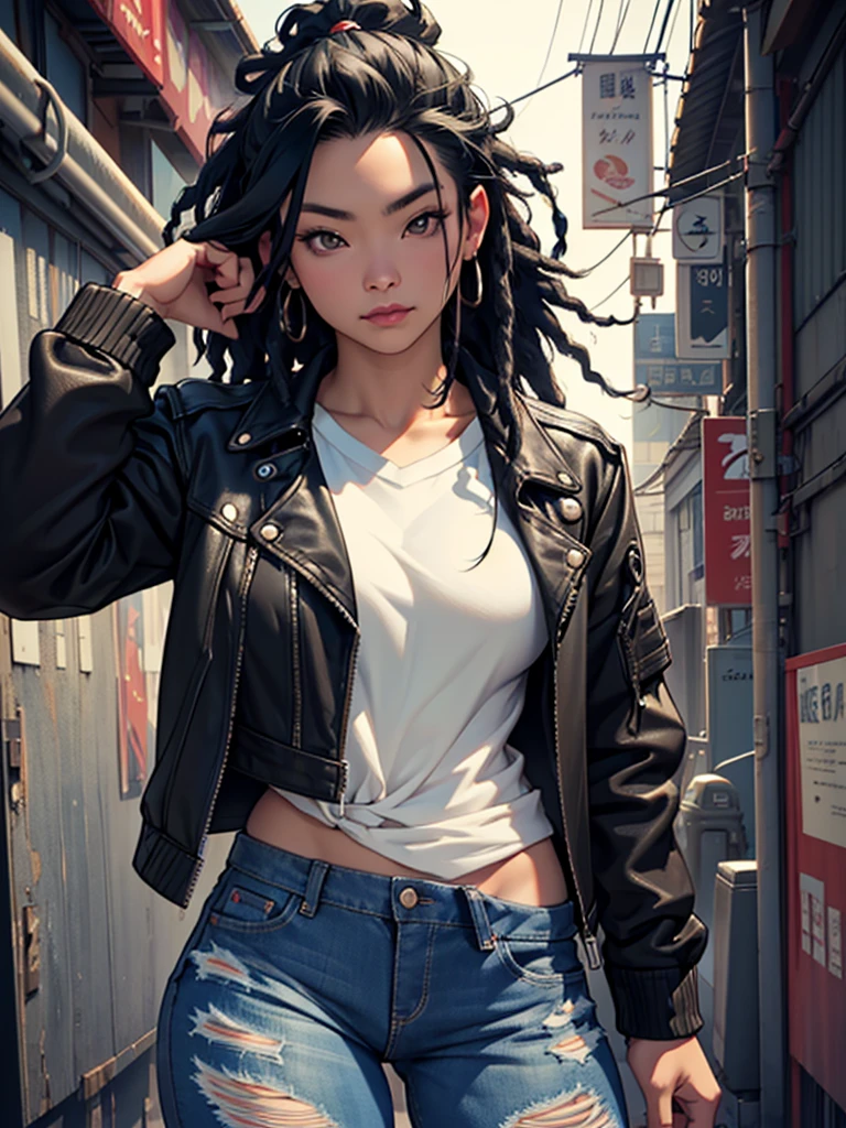 a beautiful asian-american woman with short black dreads,wearing black jean jacket and ripped jeans,detailed portrait,detailed skin,DD breasts,photorealistic,hyper detailed,masterpiece,award winning,cinematic lighting,dramatic shadows,vibrant colors,8k, ultra-detailed